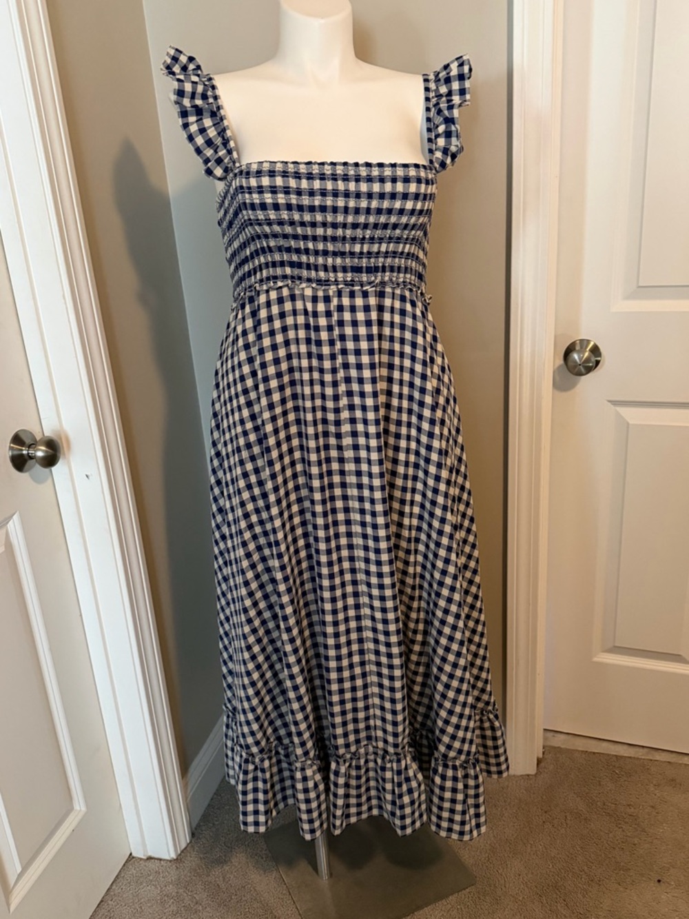 Max Studio Navy and White Gingham Ruffled Midi Dress